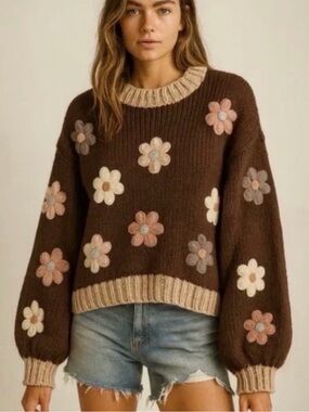 Luna Ivy Floral Embellished chunky knit Brown Sweater - M